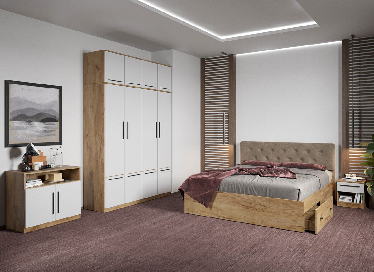Set dormitor complet Stejar Auriu cu comoda - Madrid - C78