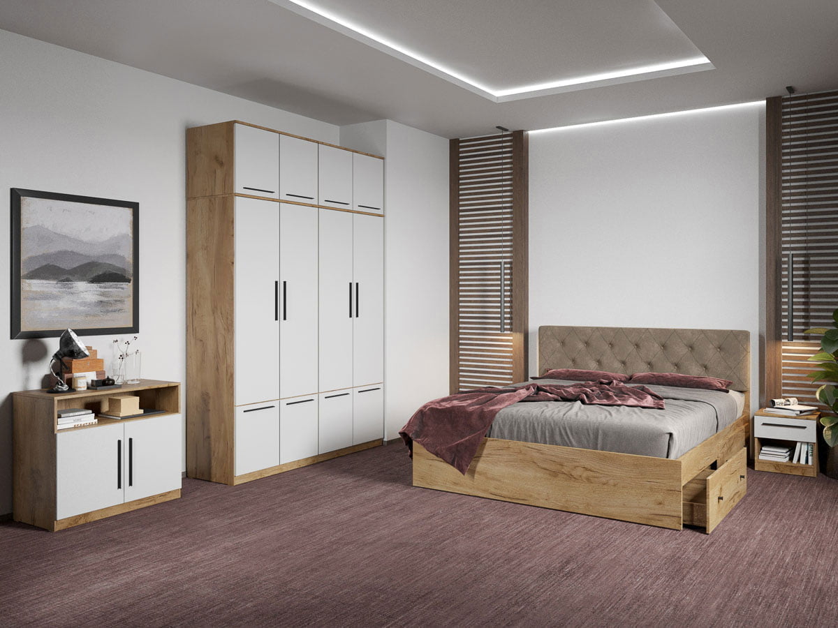 Set dormitor complet Stejar Auriu cu comoda - Madrid - C78