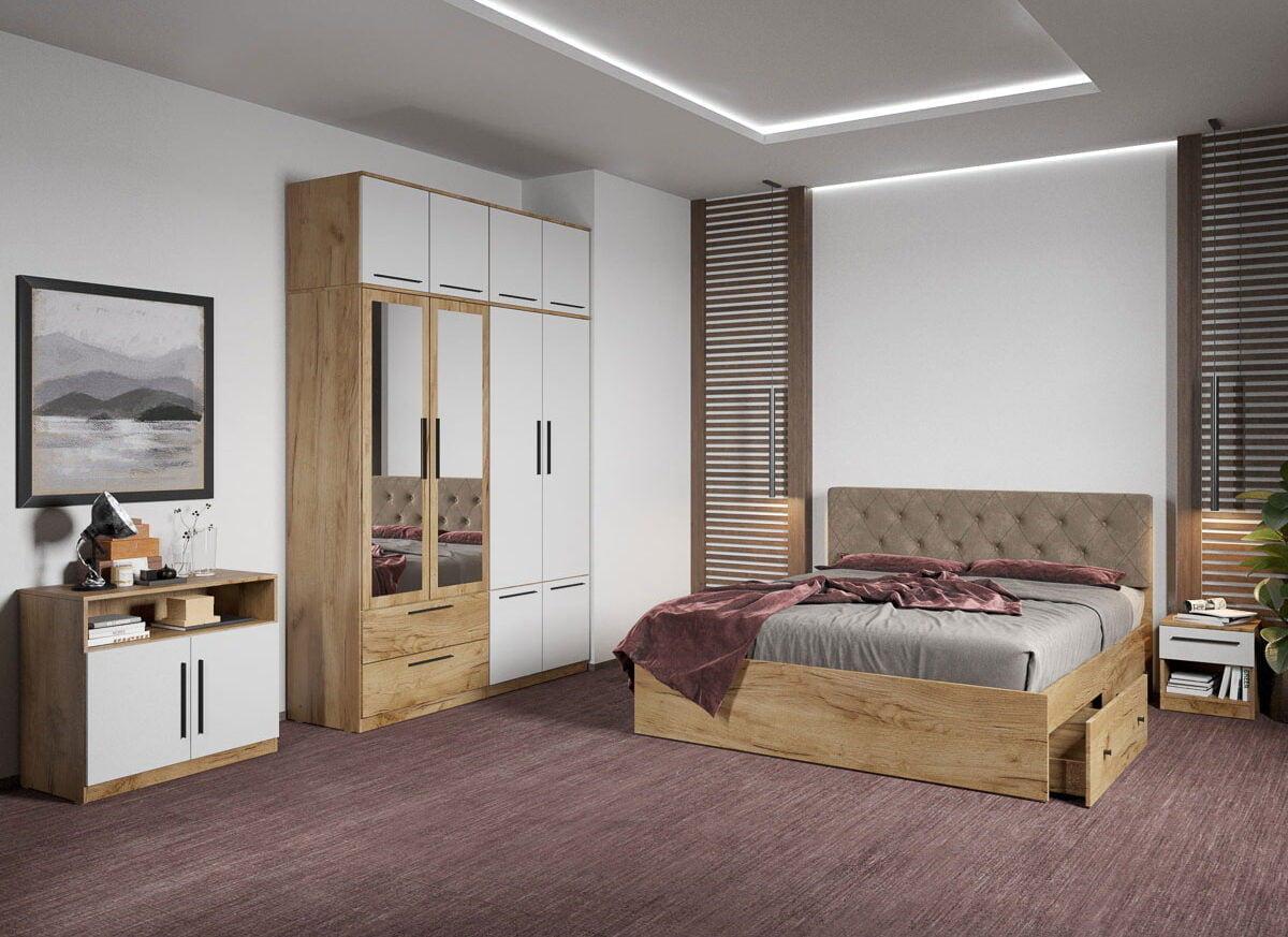 Set dormitor complet Stejar Auriu cu comoda - Madrid - C80