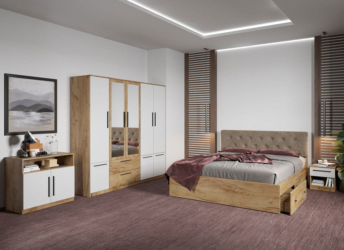 Set dormitor complet Stejar Auriu cu comoda - Madrid - C84