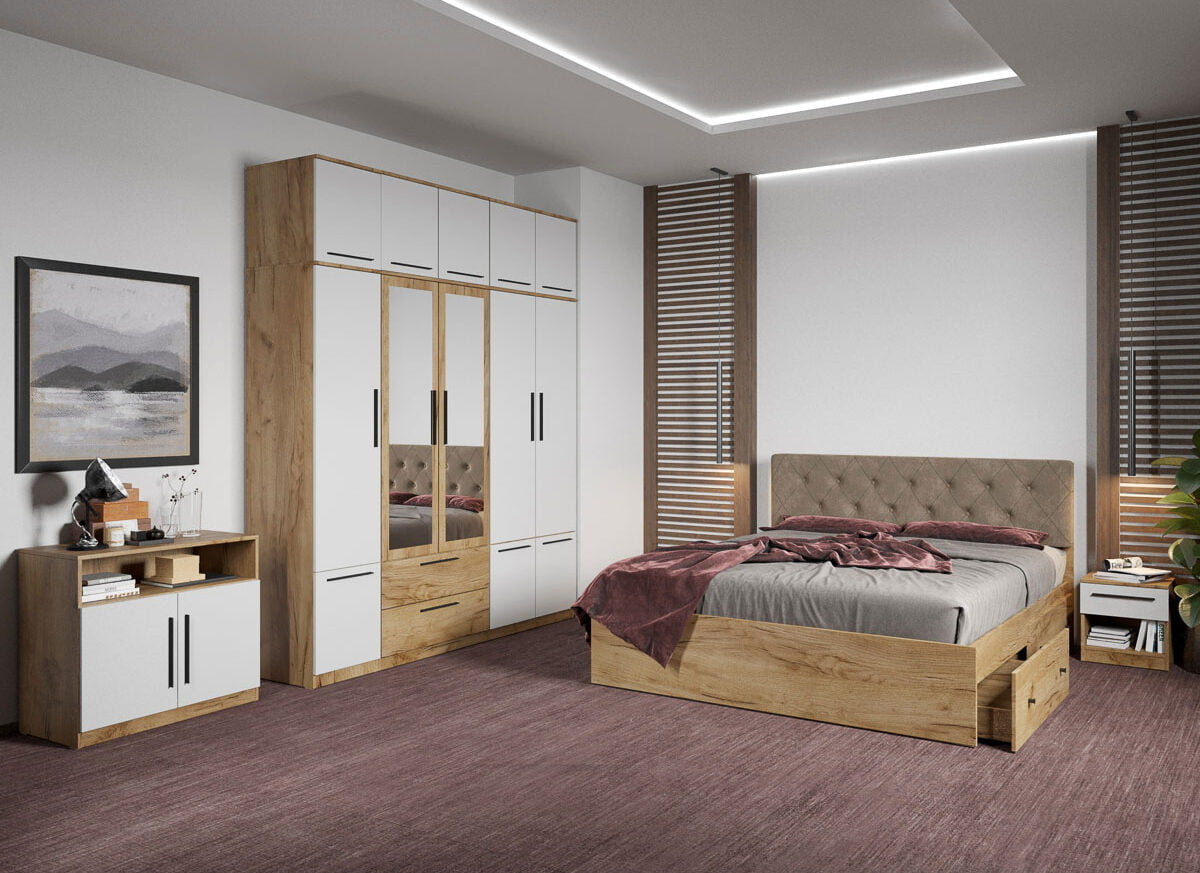 Set dormitor complet Stejar Auriu cu comoda - Madrid - C88