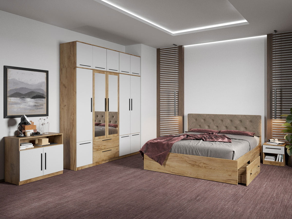 Set dormitor complet Stejar Auriu cu comoda - Madrid - C88