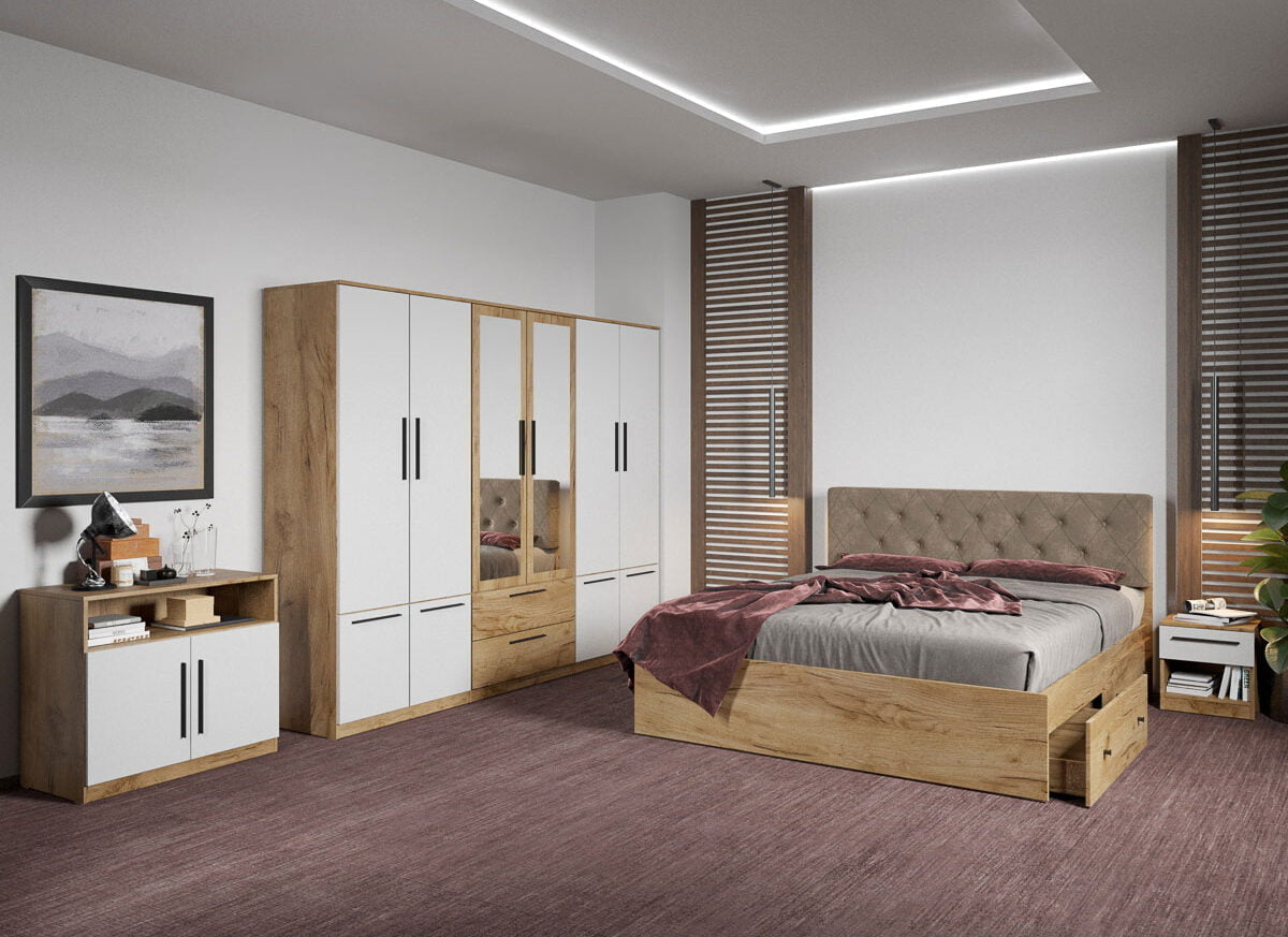 Set dormitor complet Stejar Auriu cu comoda - Madrid - C94