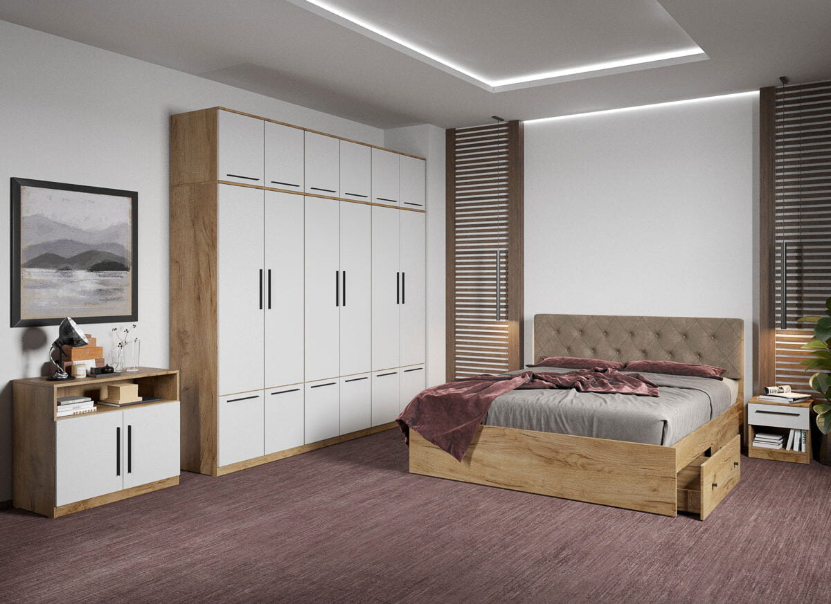 Set dormitor complet Stejar Auriu cu comoda - Madrid - C92