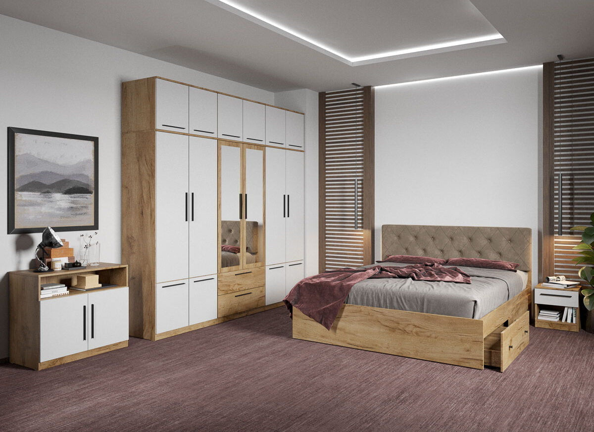 Set dormitor complet Stejar Auriu cu comoda - Madrid - C96