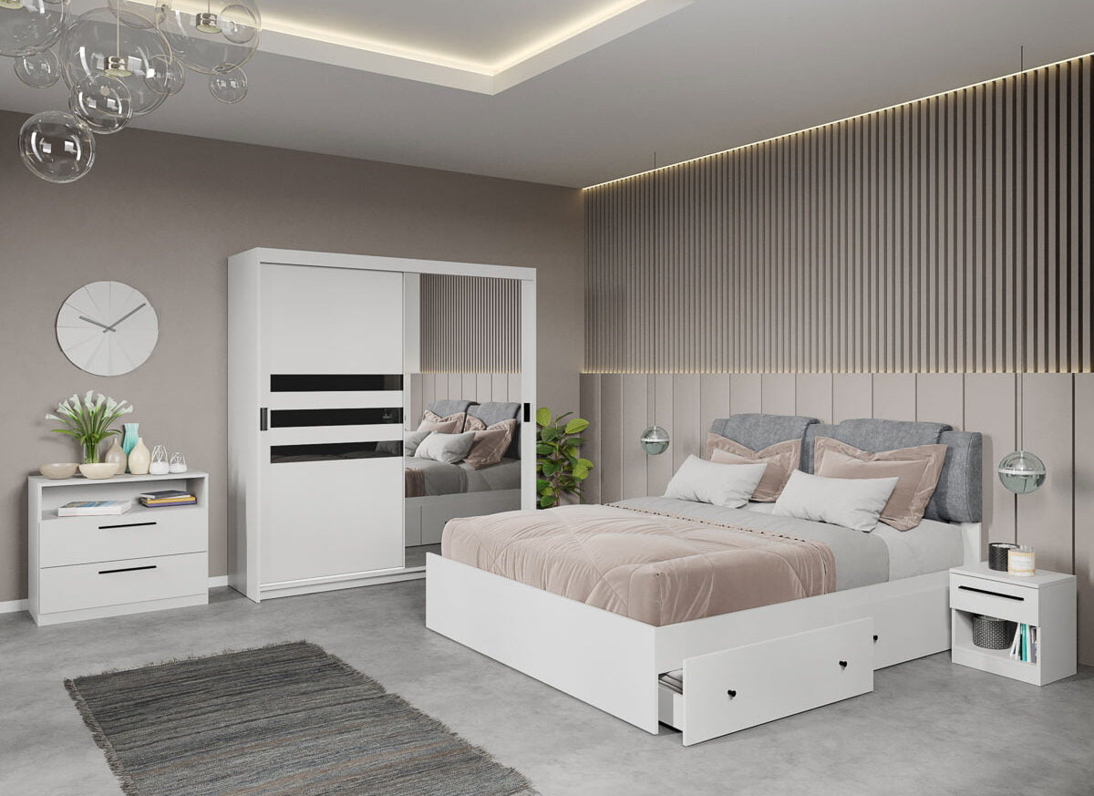 Set dormitor complet Alb+Oglinda - Glass - C3