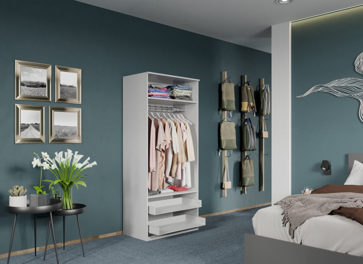 Dulap dormitor Alb 2U cu oglinda - Acapulco deschis cu kit sertare