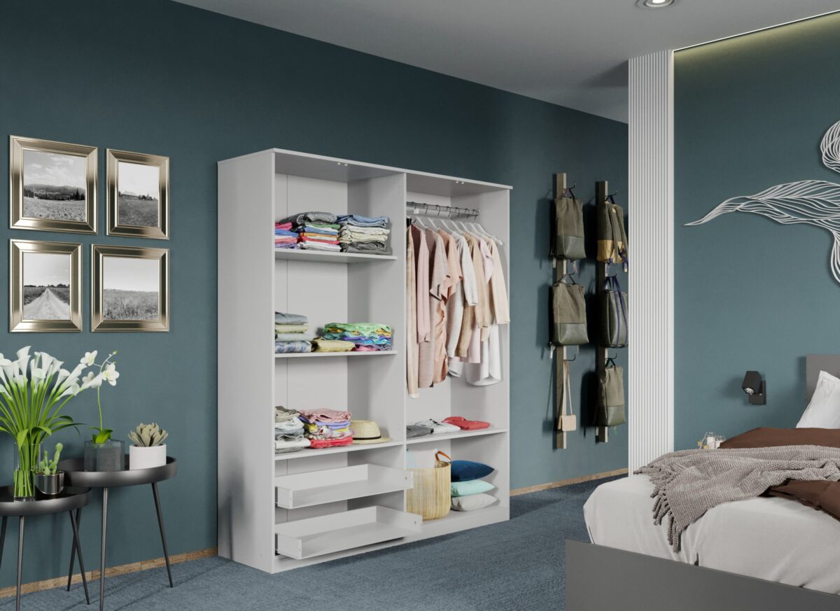 Dulap dormitor Alb 4U cu oglinda - Acapulco deschis cu kit sertare