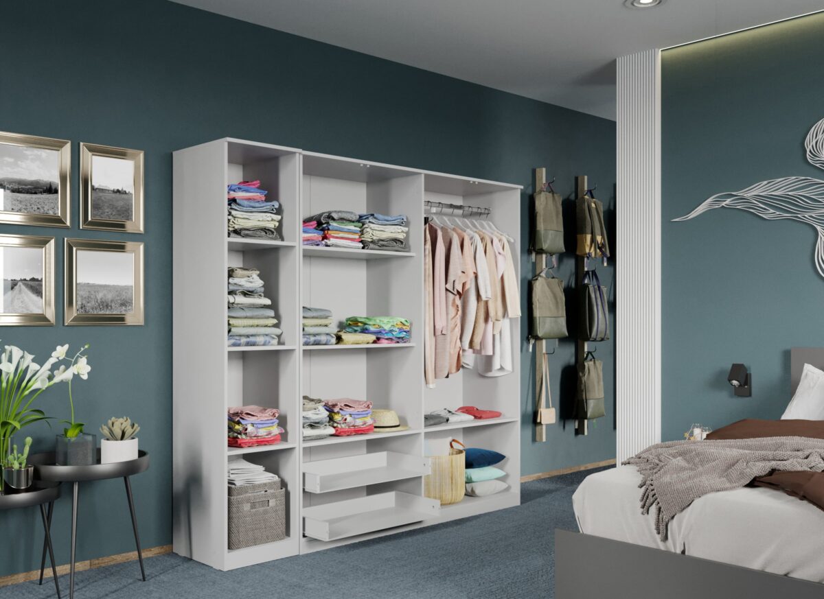 Dulap dormitor Alb 5U cu oglinda - Acapulco deschis cu kit sertare