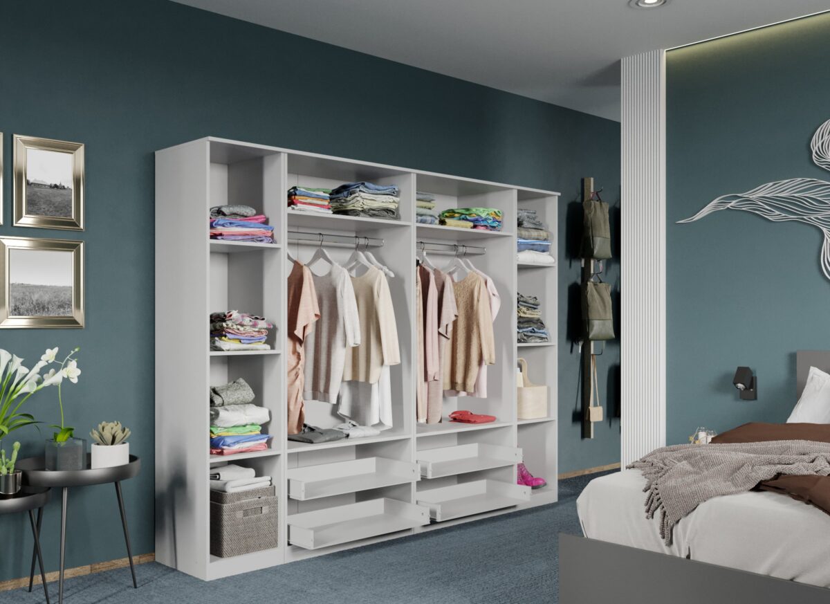 Dulap dormitor Alb 6U cu 4 oglinzi - Acapulco deschis cu kit sertare