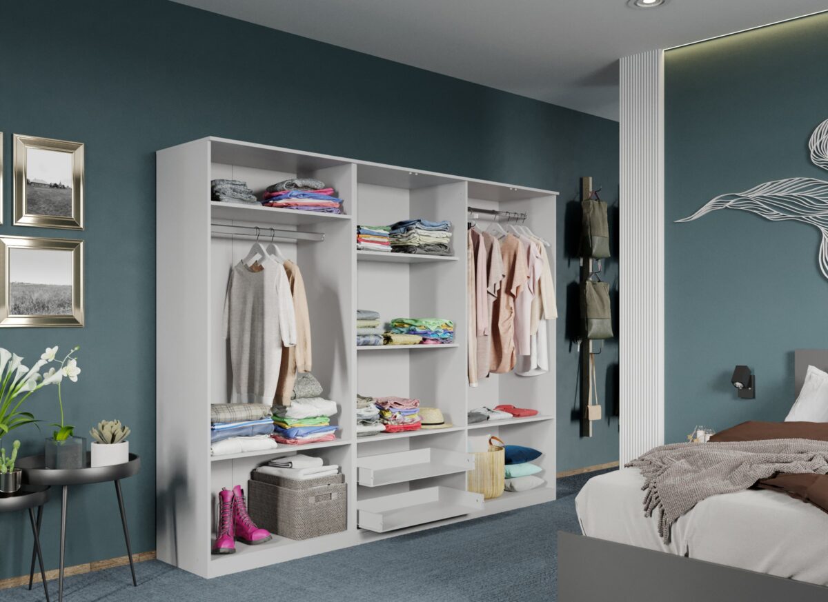 Dulap dormitor Alb 6U cu 2 oglinzi - Acapulco deschis cu kit sertare