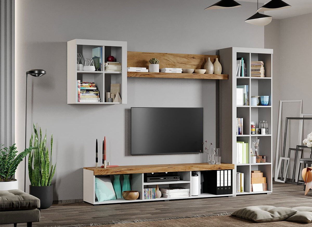 Set Mobilier Living Alb cu Stejar Auriu-Olaf-C15-deschis