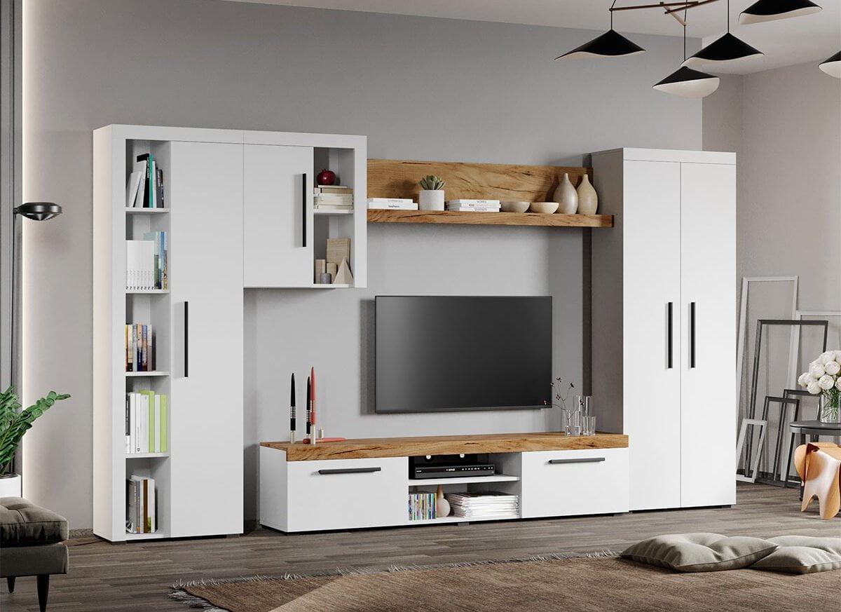 Set Mobilier Living Alb cu Stejar Auriu-Olaf-C16