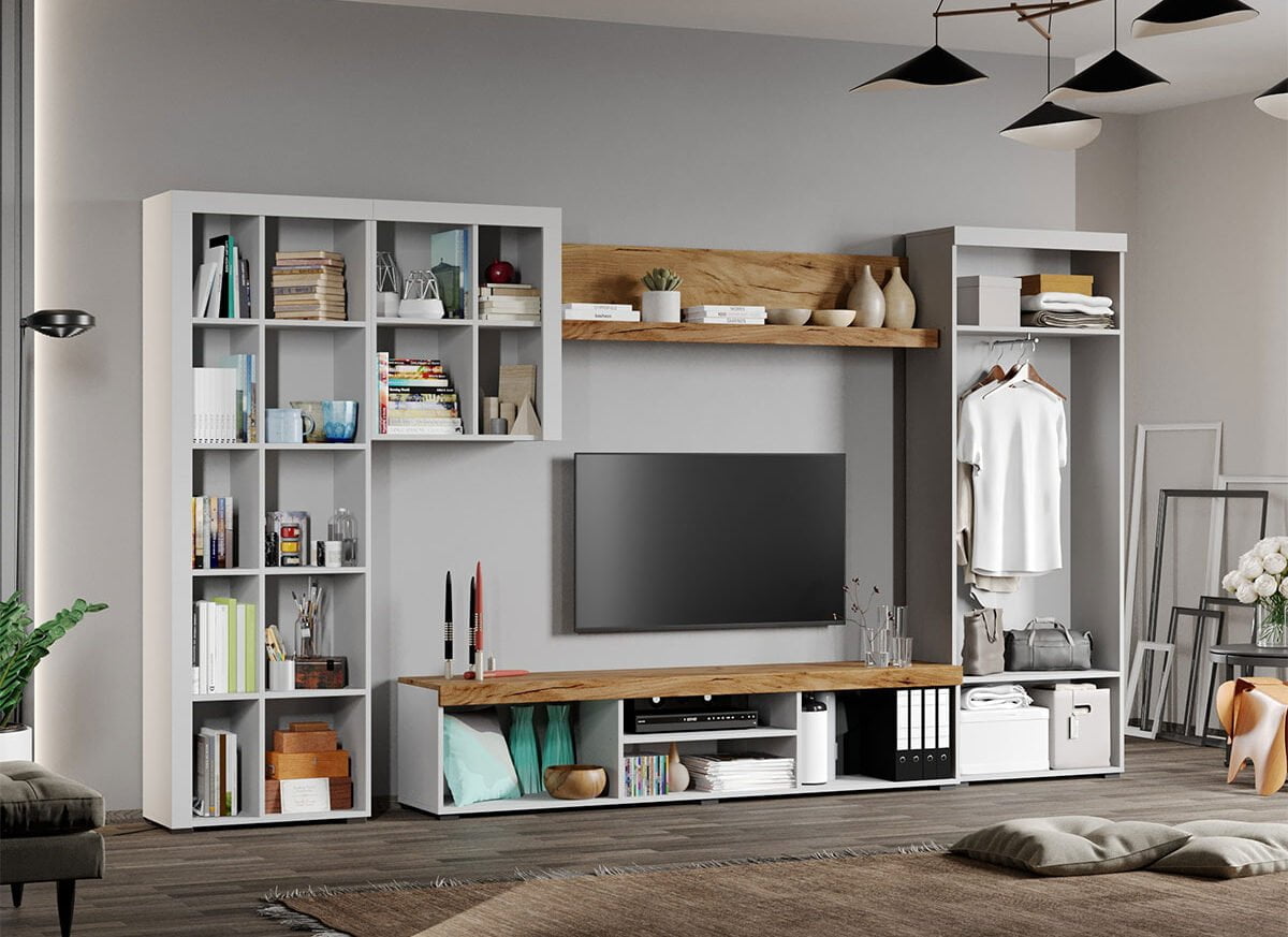 Set Mobilier Living Alb cu Stejar Auriu-Olaf-C16-deschis