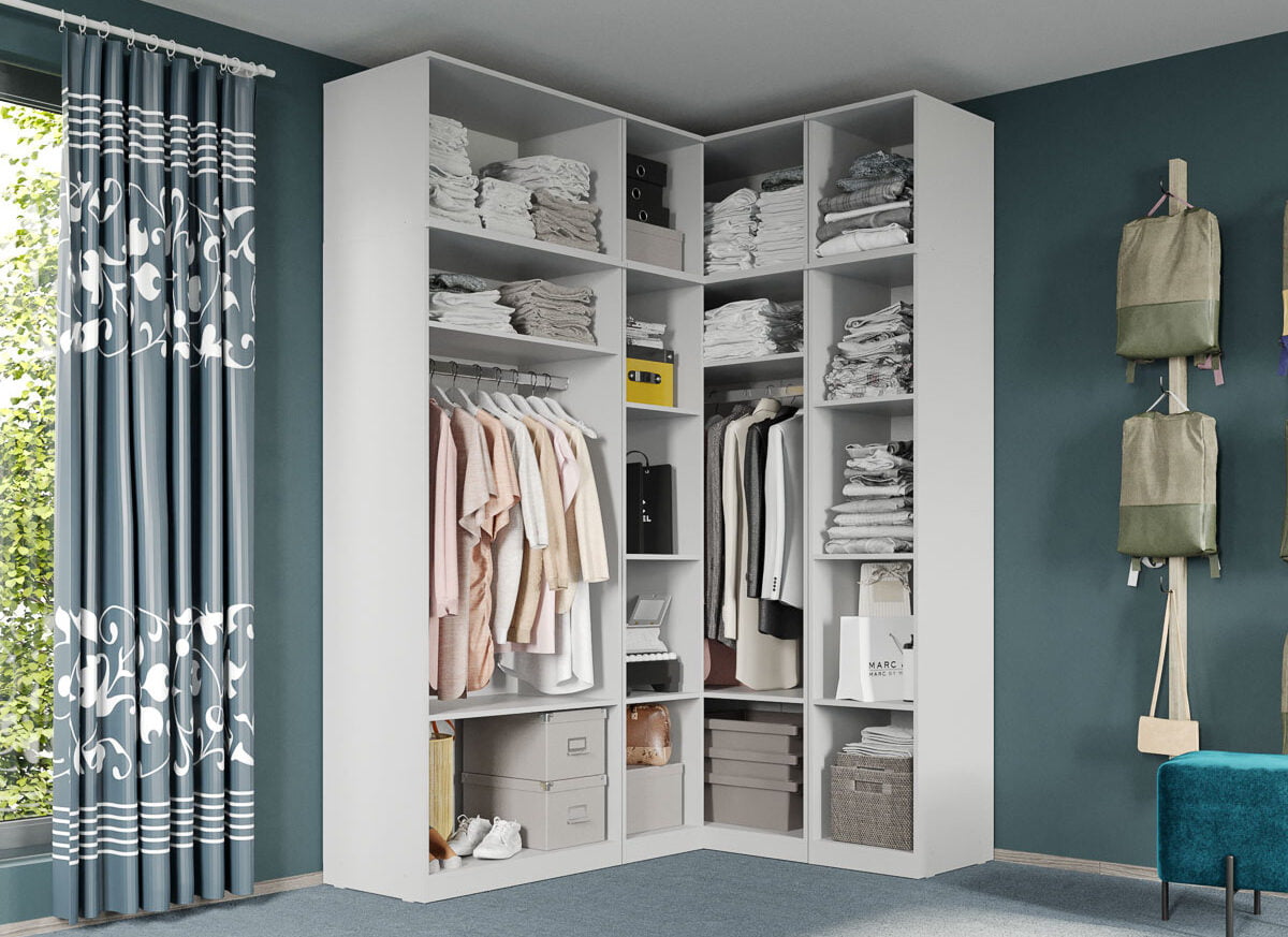 Dressing Dormitor pe colt Alb 169,8/130 cm - C23 cu suprapozabil