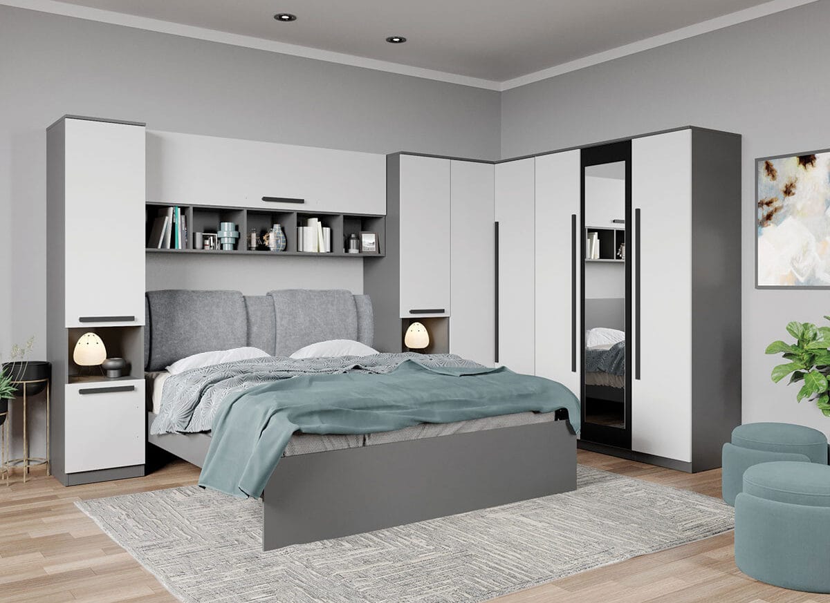 Set dormitor pe colt Gri+Alb - Tudor - C8 TAPITERIE
