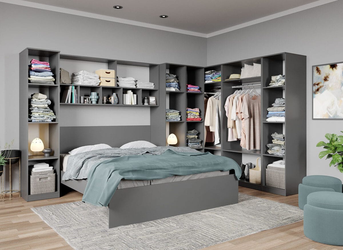 Set dormitor pe colt Gri+Alb - Tudor - C6 CARCASA DESCHISA