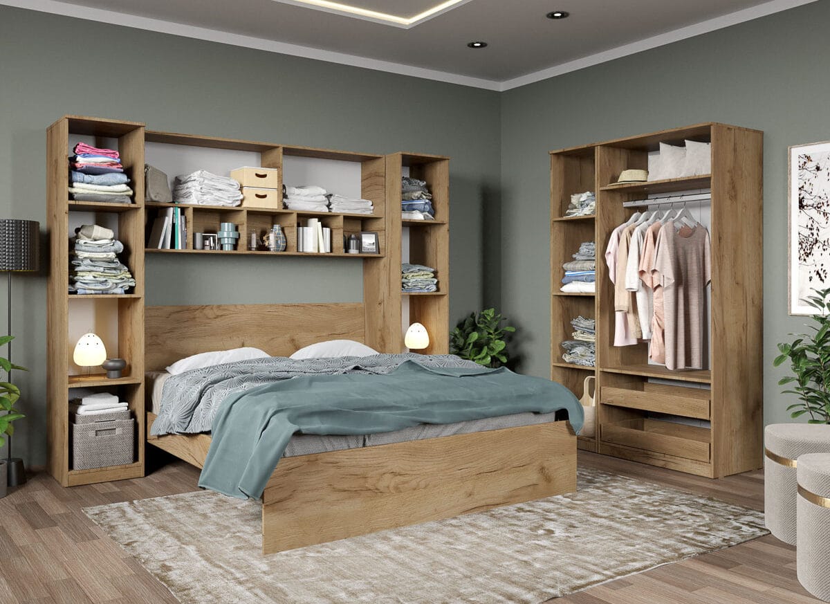 Set dormitor pe colt Stejar Auriu - Tudor - C7 deschis
