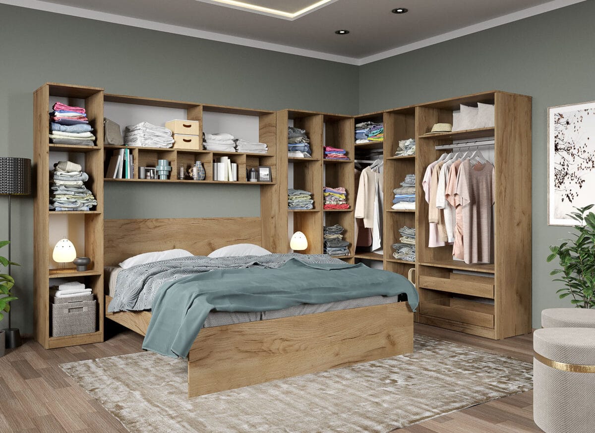 Set dormitor pe colt Stejar Auriu - Tudor - C8 deschis