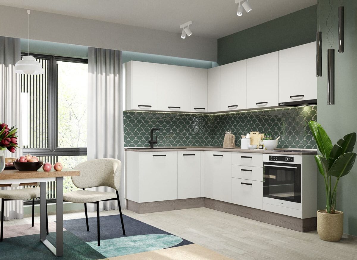 Mobila Bucatarie Elva Colt 166.6 x 241.6 cm Alb Perlat - Configuratia 27
