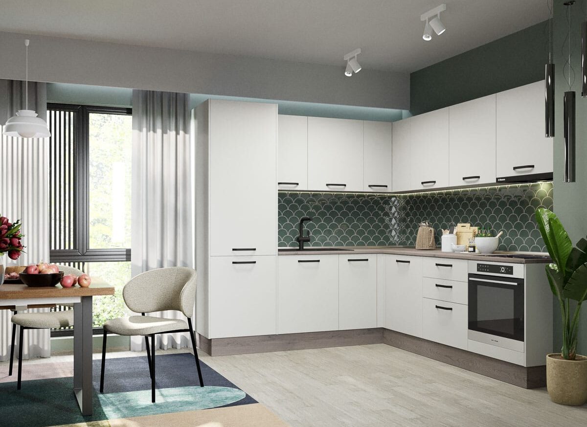 Mobila Bucatarie Elva Colt 228.2 x 241.6 cm Alb Perlat - Configuratia 28
