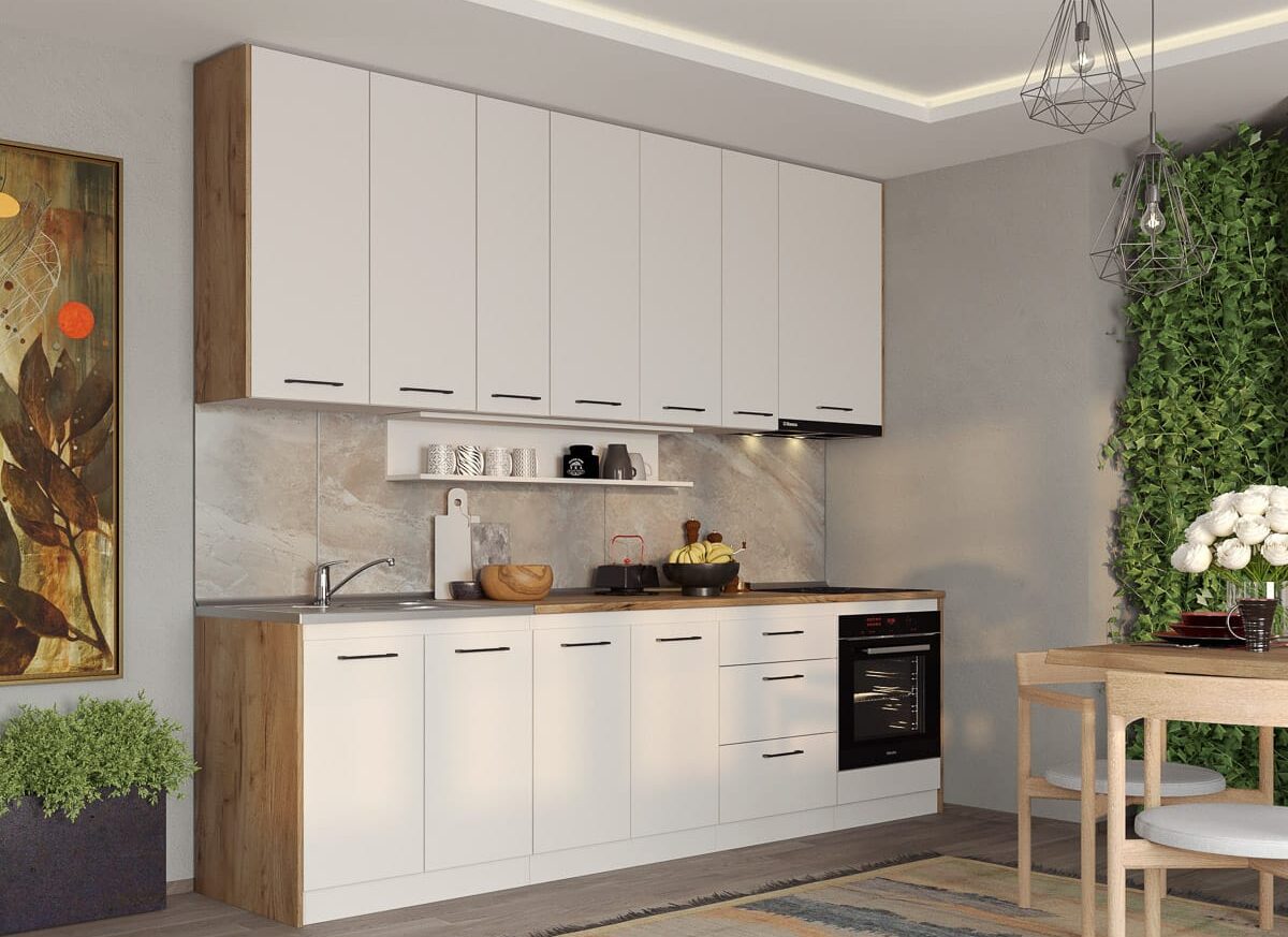 Set Mobila Bucatarie alba cu lemn Echo - 3 - 283.2 cm