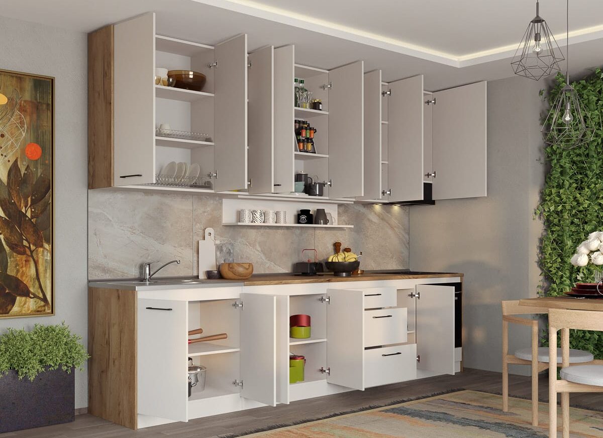 Set Mobila Bucatarie alba cu lemn Echo - 4 - 323.2 cm