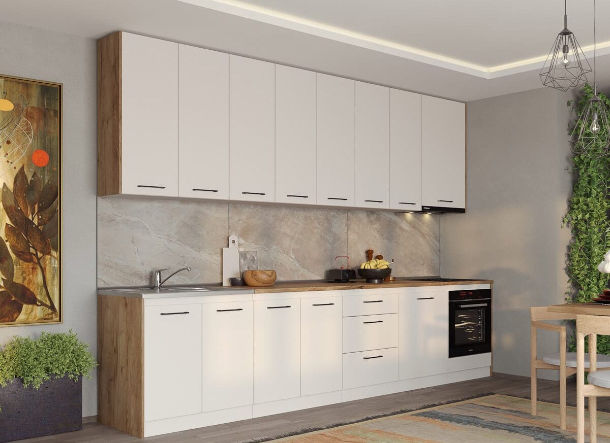 Set Mobila Bucatarie alba cu lemn Echo - 5 - 343.2 cm