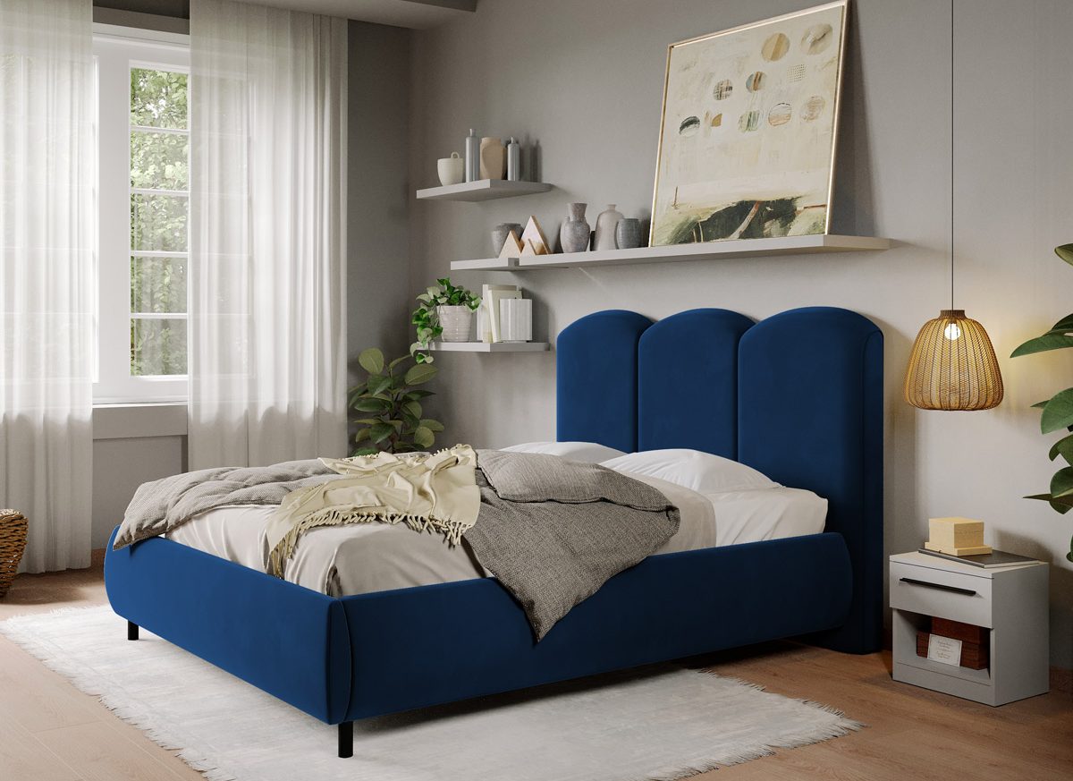 Pat Tapitat cu somiera fixa - Catifea Albastra - Nero