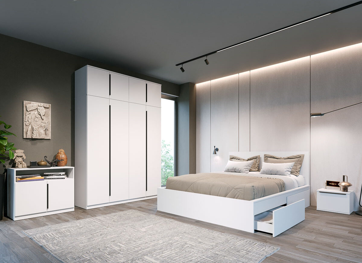 Set dormitor Alb cu pat din pal - Arkana - C12