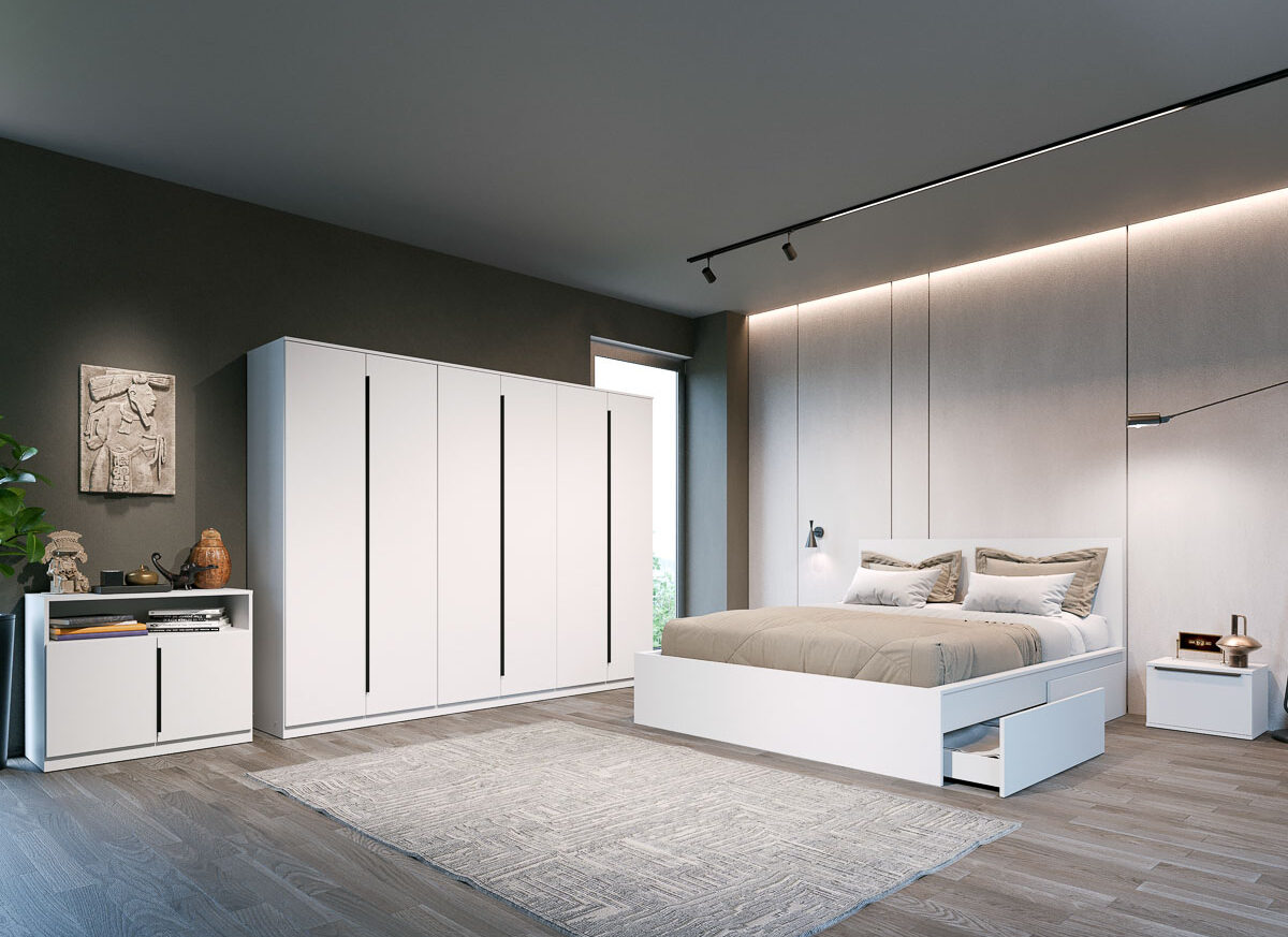 Set dormitor Alb cu pat din pal - Arkana - C13