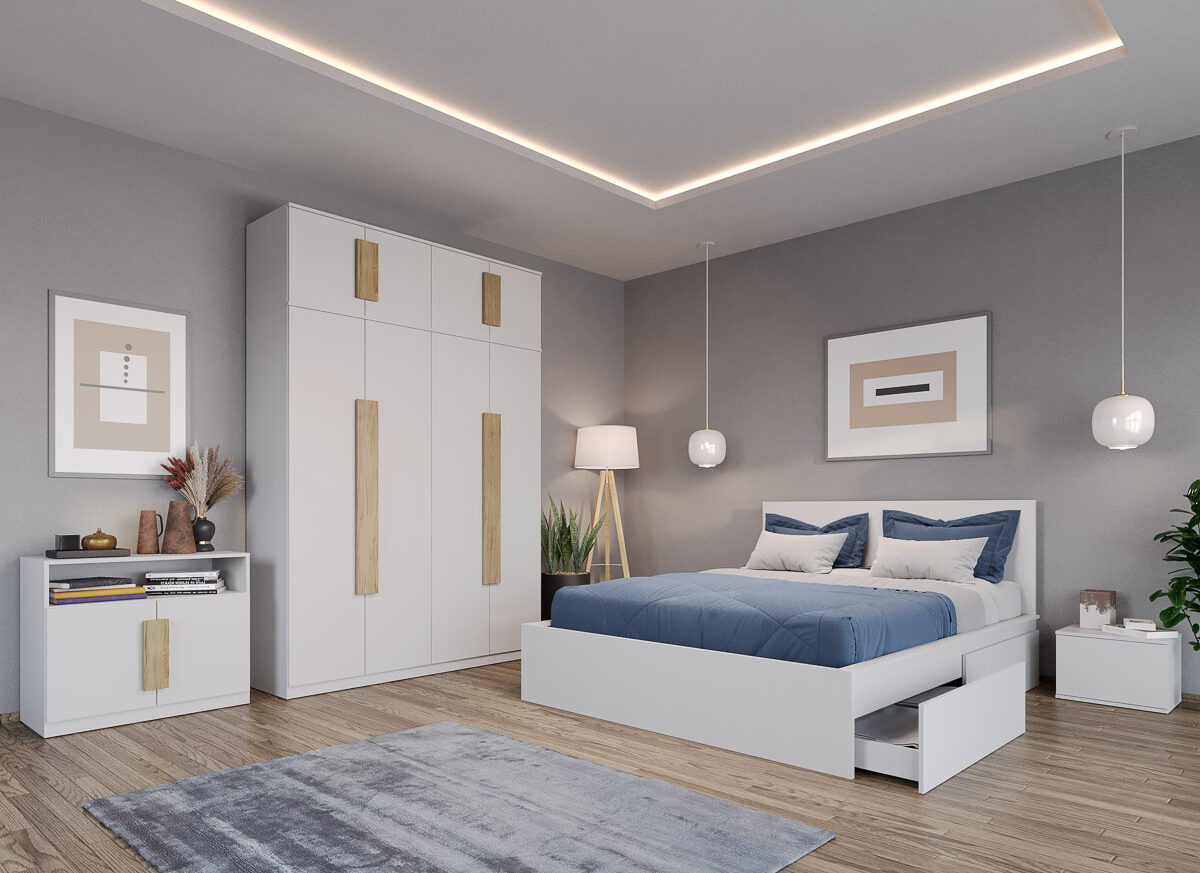 Set dormitor Alb cu pat din PAL - Aeris - C02