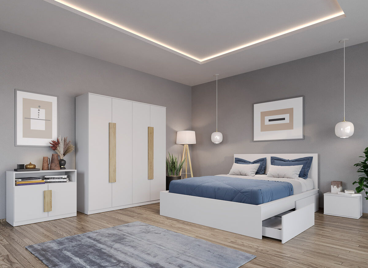 Set dormitor Alb cu pat din pal - Aeris - C01