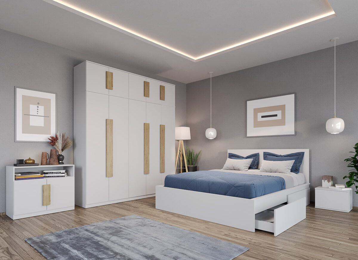 Set dormitor Alb cu pat din pal - Aeris - C04