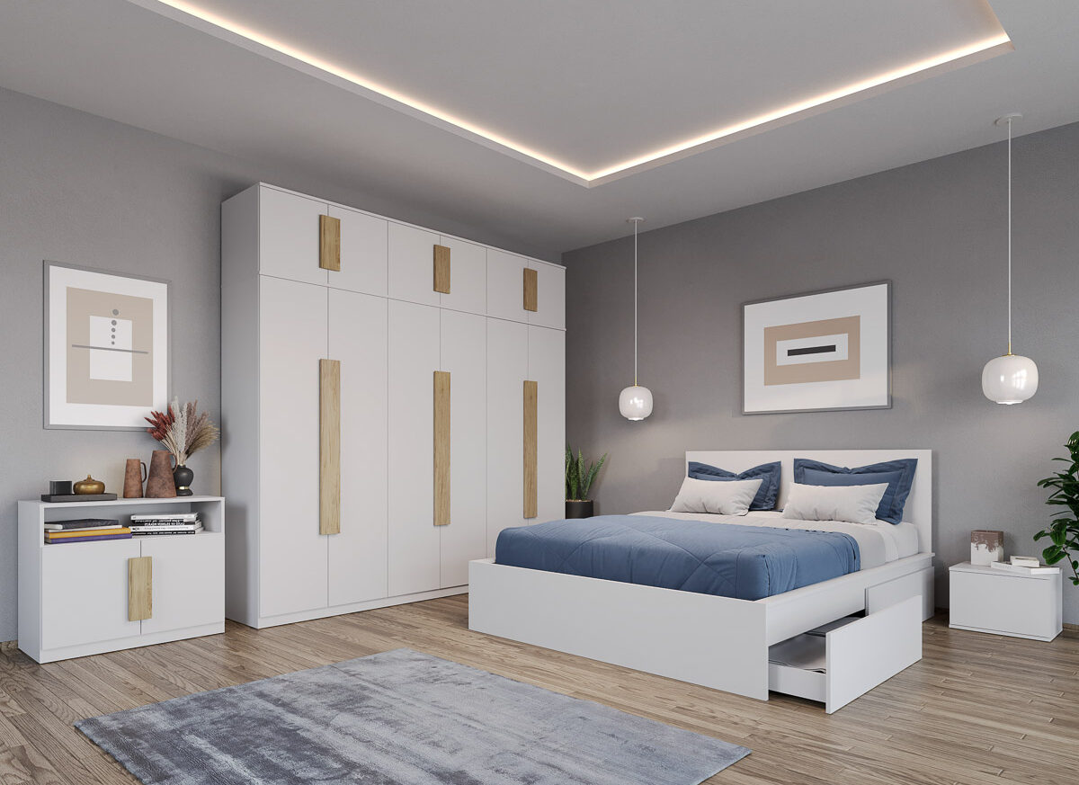Set dormitor Alb cu pat din pal - Aeris - C06